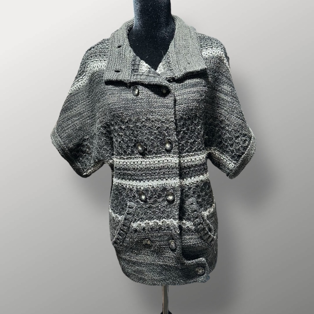 BKE Charcoal Striped Double Breasted Short Sleeve Cardigan Sweater Sz M